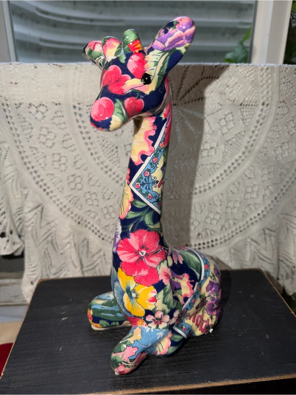 Source Unknown Navy Floral Giraffe Figurine with Pink Accents